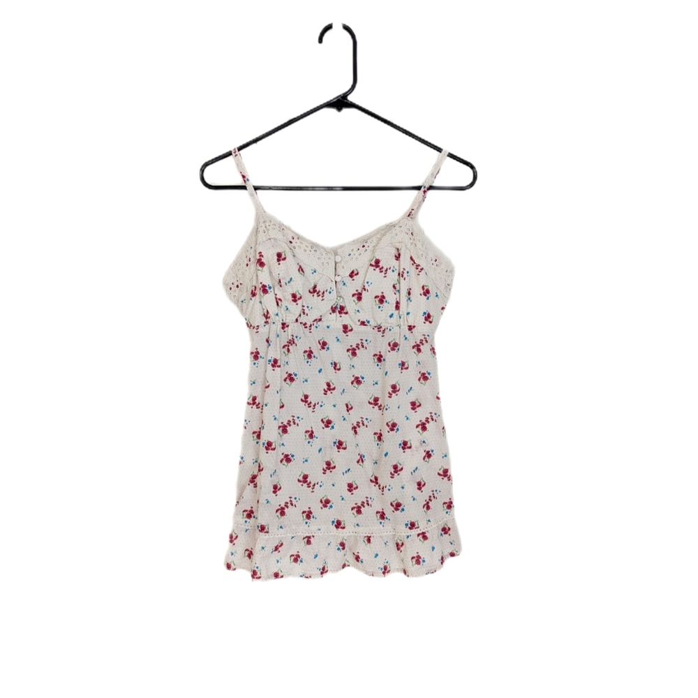 Babydoll Spaghetti Strap Top With Eyelet Lace Trim Ditsy Floral Print